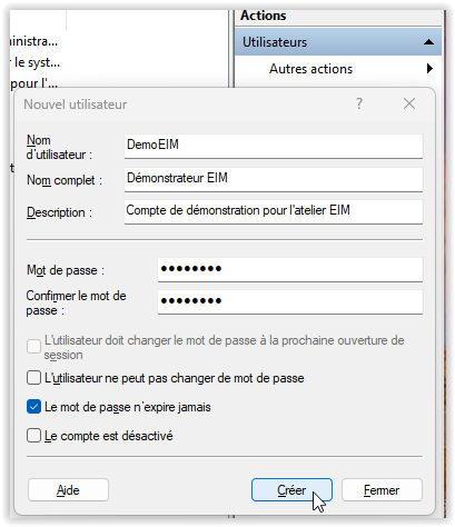 Fenêtre de création d'un compte local